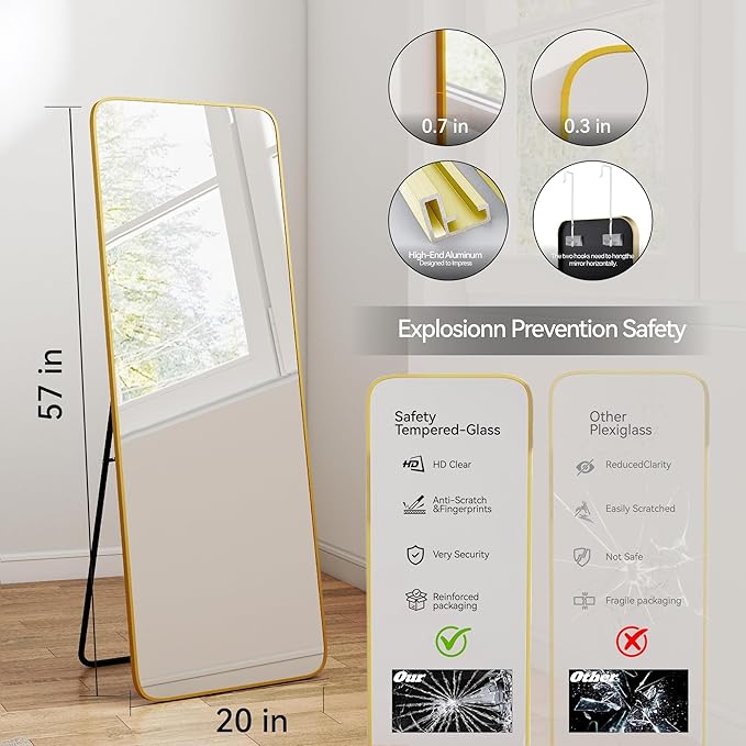 57x20 Door Hanging Full Length Mirror, Floor Stand (Height 5.7ft just Body in1.3ft) Wall Mounted Metal Frame Rectangle Dressing Mirrors for Bedroom Room 57 inch Gold
