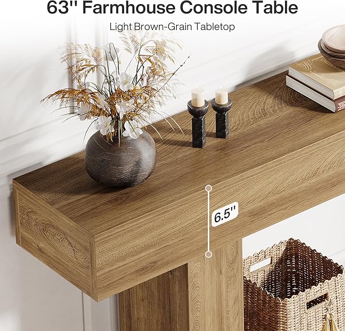 Tribesigns 63" Console Table, Farmhouse 2-Tier Entryway Table with U-Shaped Base, Narrow Long Wood Sofa Table Behind Couch Table for Living Room, Hallway, Foyer, Light Brown