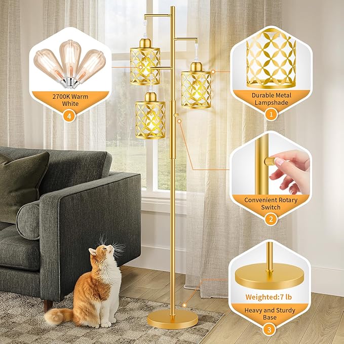 68" Dimmable Floor Lamp, Modern Standing Lamp with Elegant Metal Cage, Industrial Tall Tree Floor Lamps for Living Room, Bedroom, Study Room, Office (2000LM LED Bulbs Included) - Gold