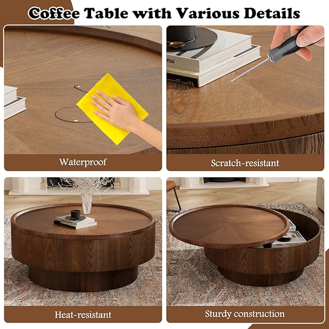 Round Coffee Table with Storage 30.7" Modern Luxury Wood Center Table Circle Drum Coffee Table Small Accent Side Table for Living Room Apartment, Small Space (Round Brown)