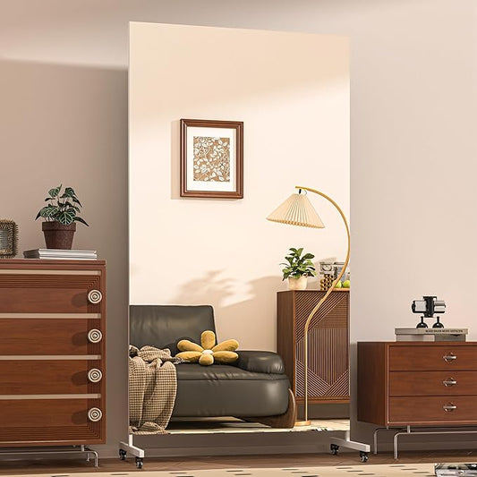 Hasipu Home Gym Mirror 360° Swivel on Wheels, 71" x 36" Extra Large Full Body Rolling Mirror for Yoga Studio, Bedroom, Dancing Studio, White