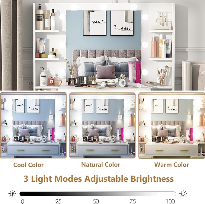 PAKASEPT Vanity Set with Lighted Mirror, 43'' Makeup Vanity with Charging Station, Vanity Desk with 9PCS LED Bulb, Storage Shelves, 7 Drawers for Bedroom(No Stool)