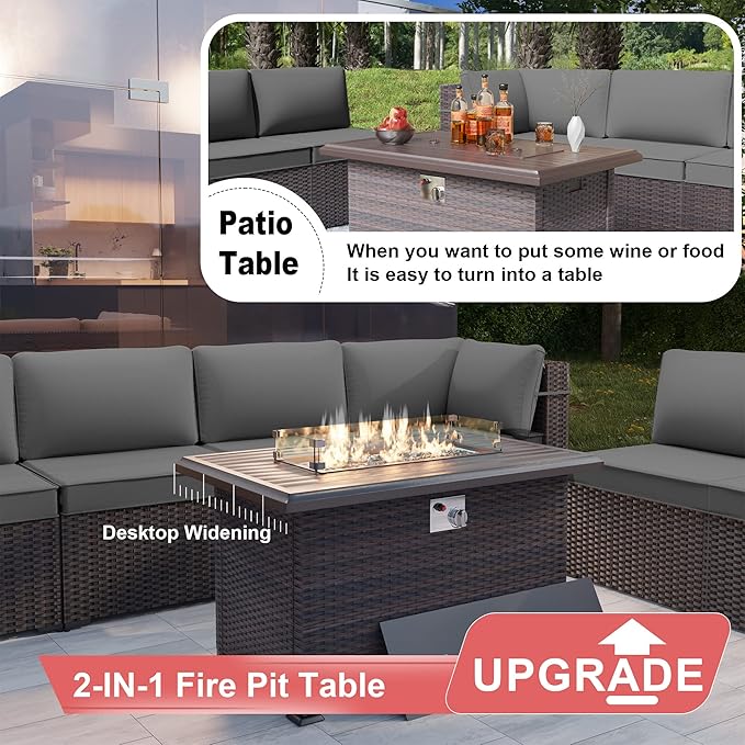 Kurapika 8 Pieces Patio Furniture Set, Rattan Wicker Outdoor Conversation Sets w/43in Propane Fire Pit Table and 4 Inch Cushion(Grey)