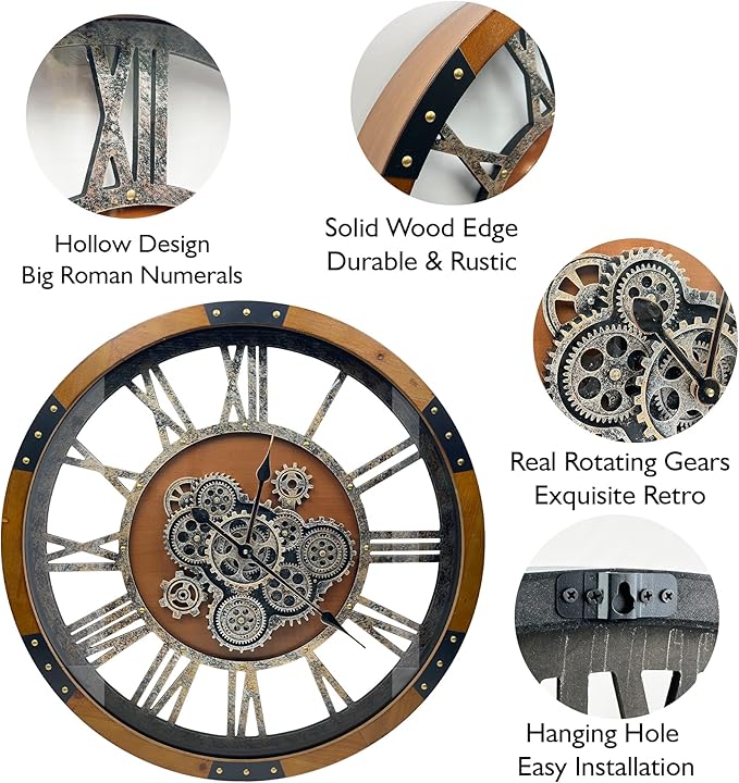 DORBOKER 27" Original Moving Gears Wall Clock, Large Industrial Wall Clock for Living Room Decor, Retro Metal Solid Wood Vintage Farmhouse Steampunk Rustic Clocks for Wall Decor,Brown Nanmu