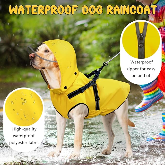 Dog Raincoat: Dog Rain Jacket with Reflective Harness & Removable Hood | Waterproof Dogs Rain Coat Poncho for Large Medium Small Dogs Puppies (Yellow - S)