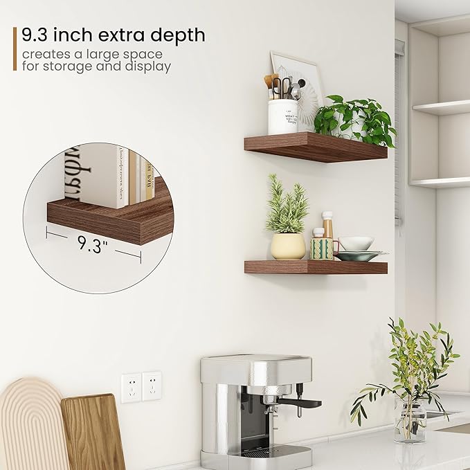Fun Memories 16 Inch Floating Shelves for Wall, 9.3Inch Deep Floating Shelf, Extra Deeper & Thicker Wall Mounted Storage Shelf for Kitchen, Farmhouse, Walnut, 2 Pack