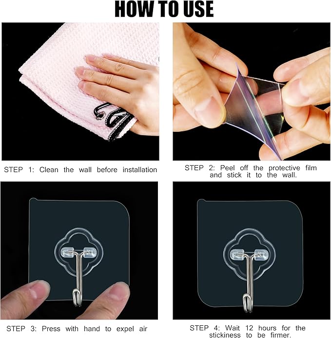 Adhesive Hooks, 32 Pack 33lb(Max) Sticky Hooks, Transparent Reusable Removable Adhesive Hooks for Hanging, Wall Hooks for Hanging Can be Use for Kitchen Bathroom Shower Outdoor Home Improvement