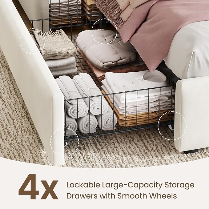 Full Size Bed Frame with 4 Storage Drawers and LED, Adjustable Clouds Headborad, Velvet Upholstered Platform Full Bed Frame with Charing Station, Wood Slats Support, No Box Spring Needed,White