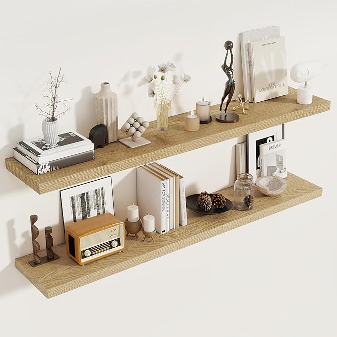 Fun Memories 55 Inch Floating Shelves for Wall 2 Pack Shelves for Bedroom|Kitchen|Bathroom Wall Mounted Rustic Wood Floating Shelf with Invisible Brackets for Books|Storage|Decor, Oak