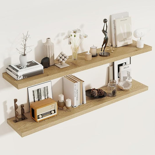 Fun Memories 55 Inch Floating Shelves for Wall 2 Pack Shelves for Bedroom|Kitchen|Bathroom Wall Mounted Rustic Wood Floating Shelf with Invisible Brackets for Books|Storage|Decor, Oak