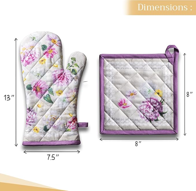 Maison d' Hermine 100% Cotton Oven Mitt & Pot Holder Set (7.5"x13" & 8"x8") Heat Resistant BBQ Cooking Gloves with Loop, Baking, Grilling, Kitchen, Handling Hot Pans Spring/Summer (Pivoine)