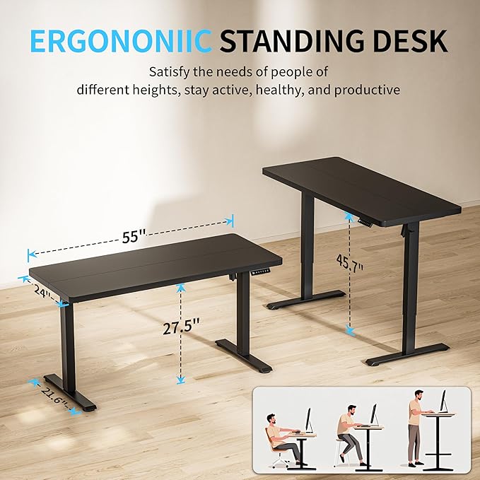BIZUM Electric Standing Desk, 55" x 24" Height Adjustable Desk, Black Sit to Stand Desk Memory Gaming Computer Workstation for Home Office