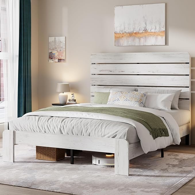 Queen Size Bed Frame with Wooden Headboard and Footboard, Rustic Platform Bedframe, Wood Slats Support, No Box Spring Needed, Under Bed Storage, Easy Assembly, White