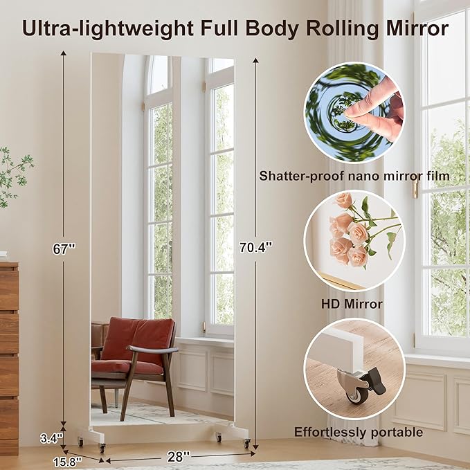 brisafe 67"x28" Ultra-Light Mobile Floor Mirror with 360° Wheels, 0.04mm Shatterproof Nano Film for Home Gym/Yoga/Dance Studio & Commercial Use | 60% Insurance Savings | White