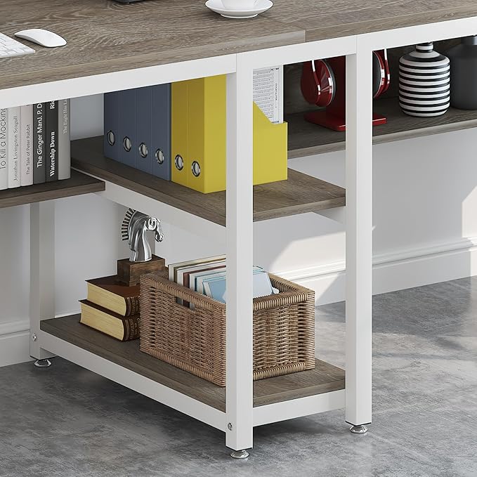 Tribesigns Two Person Desk with Bookshelf, 78.7 Computer Office Double Desk for Two Person, Rustic Writing Desk Workstation with Shelf for Home Office (Gray/White)