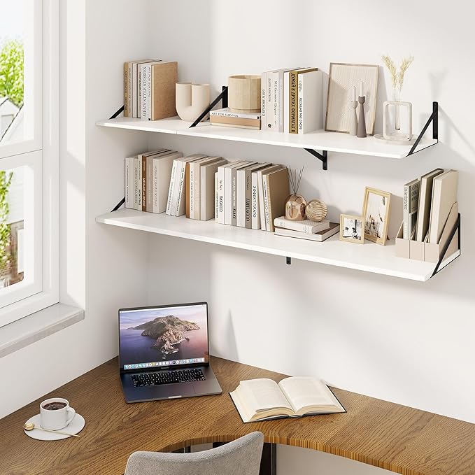 Fun Memories Floating Shelves for Wall, 12 Inch Deep Floating Shelves Set of 2, 36W x 12D Large Wall Shelf with Sturdy Metal Brackets for Living Room, Bathroom, Bedroom and Kitchen, White