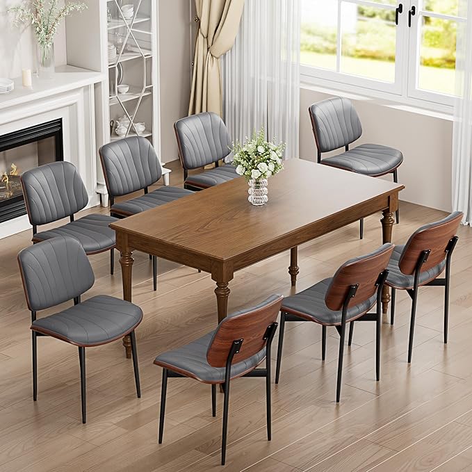 Dining Chairs Set of 6, Dining Room and Kitchen Chairs, Mid Century Modern Accent Chair, Upholstered PU Leather Chairs for Vanity with Walnut Bentwood and Metal Legs, Gray