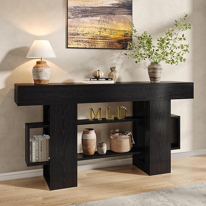 Feonase 63 Inches Long Console Table for Entryway, Wooden Sofa Table Behind Couch with 3-Tier Storage, Modern Narrow Entry Hallway Table for Living Room Foyer Entrance, Black