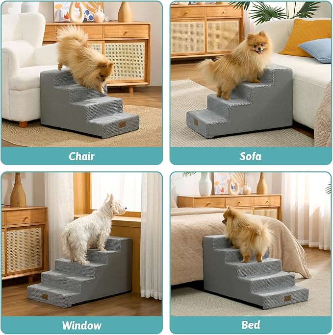 Slope Dog Stairs 15.7" H, Pet Steps for Couch Sofa Chair, Ramp for Small Dogs Puppy Cats Seniors with Removable Washable Cover, 4 Step, Grey