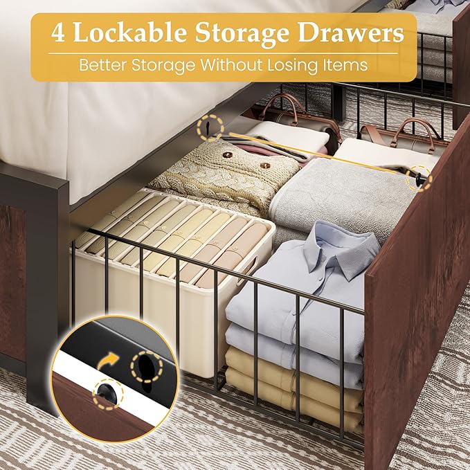 Lifezone King Bed Frame with 2-Tier Storage Headboard, Metal Platform Bed Frame with 4 Storage Drawers, Built in Charging Station & LED, Noise-Free/Metal Support/No Box Spring Needed, Coffee Brown