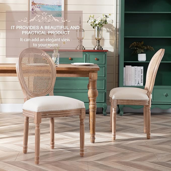 Nrizc French Country Dining Chair Set of 2, Vintage Chic, Upholstered and Carved Wooden Frames, Beige Linen Fabric, Lightweight and Sturdy, Ideal for Dining Room, Kitchen, Living Room, Bedroom