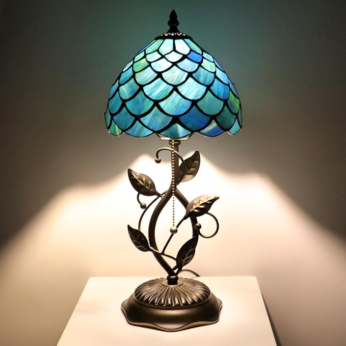 Small Tiffany Lamp Sea Blue Fish Scale Style Stained Glass Table Lamps Desk Bedside Reading Light 8X8X18 Inches with Bronze Metal Leaf Resin Base