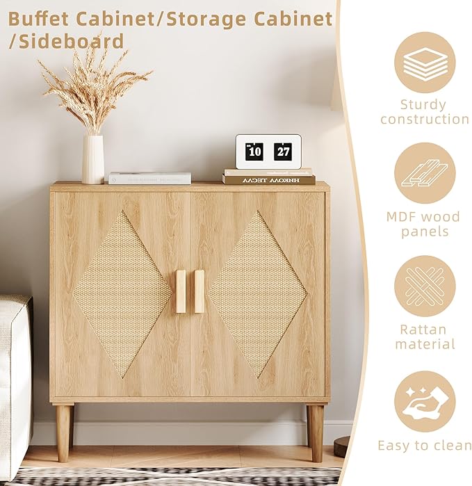 IDEALHOUSE Buffet Cabinet with Storage, Storage Cabinet with 2 Rattan Decorated, Sideboard Cabinets, Accent Cabinets for Living Room, Dining Room, Entryway, Natural