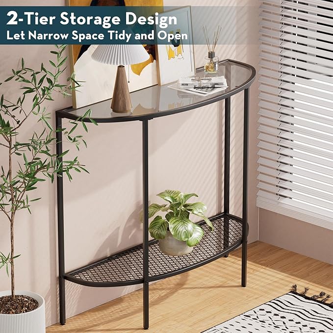 SAYGOER Glass Console Table 2 Tier Half Moon Entryway Table Modern Couch Table Small Entry Way Tables for Living Room Hallway, Easy Assembly, Gray Glass