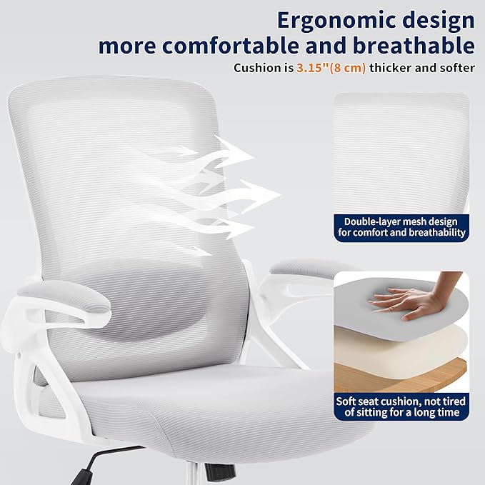 Ergonomic Office Chair, Desk Chair with Adjustable Lumbar Support, Breathable Mesh Comfy Computer Chairs with Flip-up Armrests Executive Task Chair for Adults Home Office(Gray)