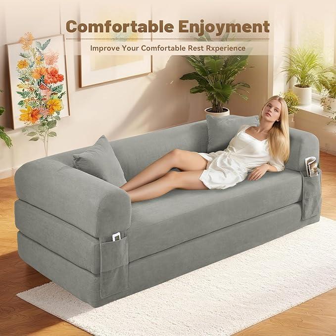 Convertible Futon Sofa Bed,80" Folding Pull Out Couch Bed with Pillows & Storage Pocket, Oversized Queen Sleeper Sofa in a Box,Corduroy Boneless Couch for Living Room,Light Grey
