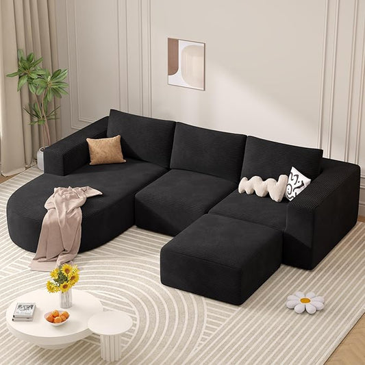 Boneless Couches for Living Room 104",Modular Sectional Sofa with Ottoman,Cloud Couch in a Box,Sponge Compression U Shaped Sofas with Chaise No Assembly Required(Black-Corduroy Fabric) 1pcs