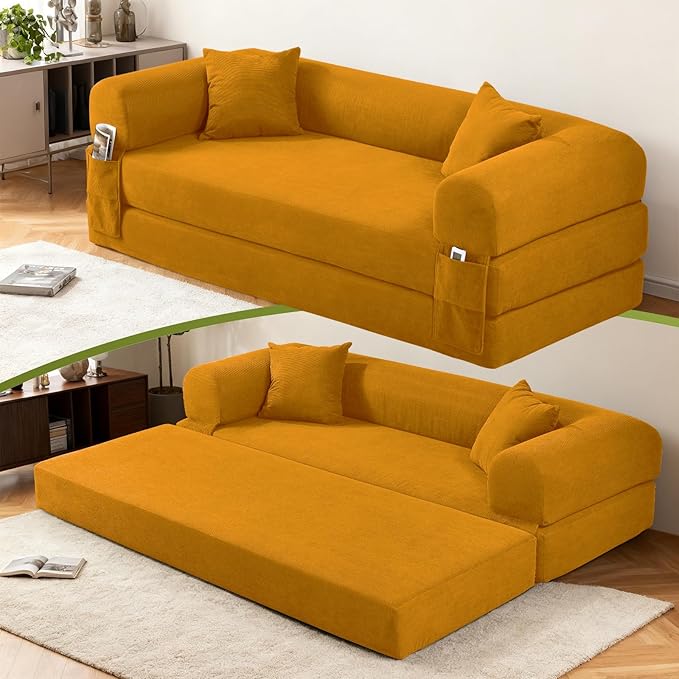 Convertible Futon Sofa Bed,80" Folding Pull Out Couch with Pillows & Storage Pocket, Oversized Queen Sleeper Sofa in a Box,Corduroy Boneless Couch for Living Room,Yellow