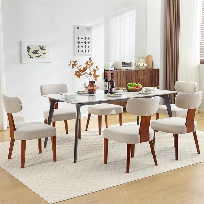 Dining Chairs Set of 6, Mid-Century Modern Upholstered Kitchen Chairs with Curved Backrest and Linen Fabric Seat, Wood Leg Accent Chairs for Dining Room, Living Room, Bedroom, Linen Beige