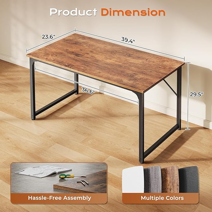 PRAISUN 40 X 24 Inch Computer Desk with Deeper Desktop, Gaming Office Writing Work Desk for Home Office, Study, Bedroom, Work from Home, Metal Frame, Rustic Brown