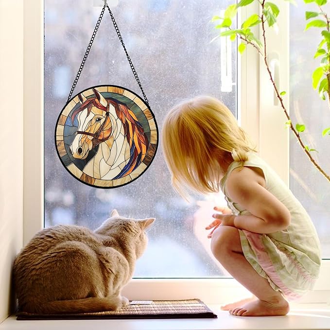 Stained Glass Window Hanging, Animal Horse Colored Mane Sun Catchers Glass Panel Cool Suncatcher Decor for Birthday for Women, Men, Wife, Aunt, and Mom 7.8 in