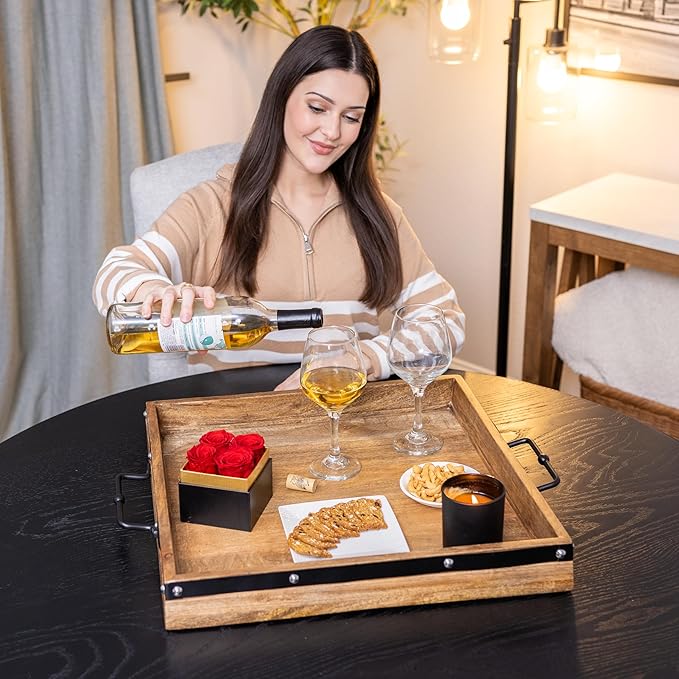 20"x20" Extra Large Square Ottoman Tray, Heavy Duty Mango Wood, for Serving Tea, Breakfast in Bed, Living Room Large Coffee Table Tray Rustic with Farmhouse Style, Decorative Handles and Accent Strap