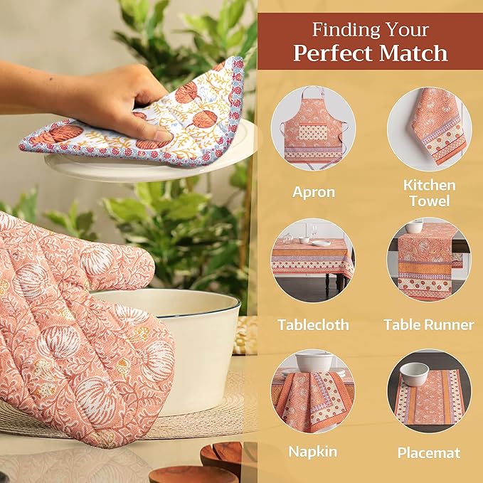 Maison d' Hermine Oven Gloves 100% Cotton Oven Mitt 7" x 13" with Loop Heat Resistant BBQ Cooking Gloves for Thanksgiving Christmas Decorations Baking Handling Hot Pans (Pack of 1, Nila)