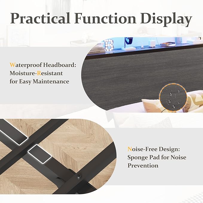 Lifezone Twin Bed Frame with 2-Tier Storage Headboard, Metal Platform Bed Frame with 4 Storage Drawers, Built in Charging Station & LED, Noise-Free/Metal Support/No Box Spring Needed, Rustic Grey