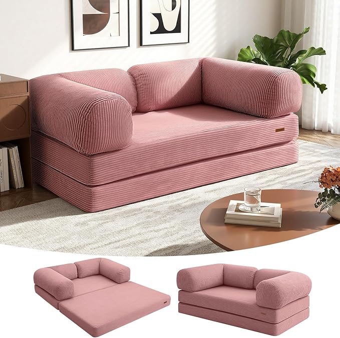 COMAX Folding Sofa Bed Queen, 4-in-1 Convertible Foldable Floor Couch Futon Sofa with Armrests, Sleeper Mattress Fold Out Chair Bed Comfy Portable Lounge Guest for Living Room Bedroom, Pink