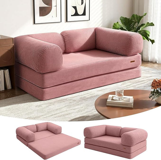 COMAX Folding Sofa Bed Queen, 4-in-1 Convertible Foldable Floor Couch Futon Sofa with Armrests, Sleeper Mattress Fold Out Chair Bed Comfy Portable Lounge Guest for Living Room Bedroom, Pink