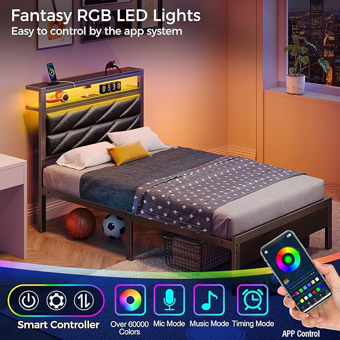 Seventable Twin Bed Frame with Charging Station & LED Lights, Upholstered Headboard with 2-Tier Storage Shelves, Metal Platform with Under Bed Storage, No Box Spring Needed, Easy Assembly, Black