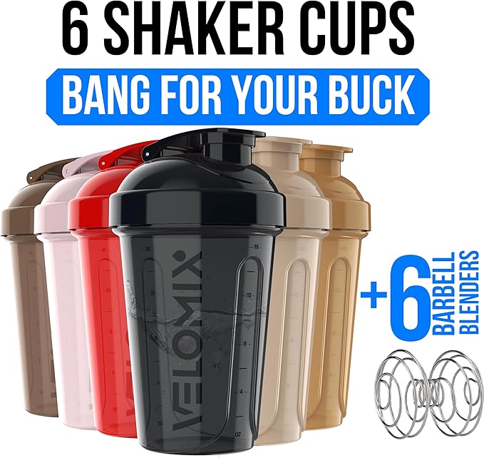 VELOMIX -6 PACK- 20 OZ Protein Shaker Bottles for Protein Mixes, Shaker Cups for Protein Shakes, Small Shaker Bottle Pack, Shaker Cup, Shakers for protein Shakes (Midnight Clay - 6 Pack)