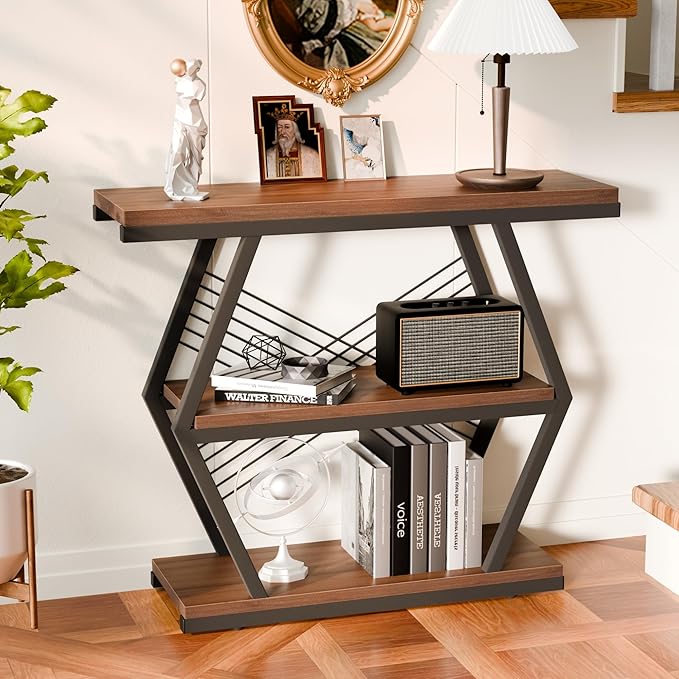 39.4" Entryway Table, Industrial 3-Tier Console Sofa Table with Open Wood Shelves, Wood Accent Table with Stable Metal Frame for Small Spaces, Entrance, Hallway, Foyer, Rustic Brown