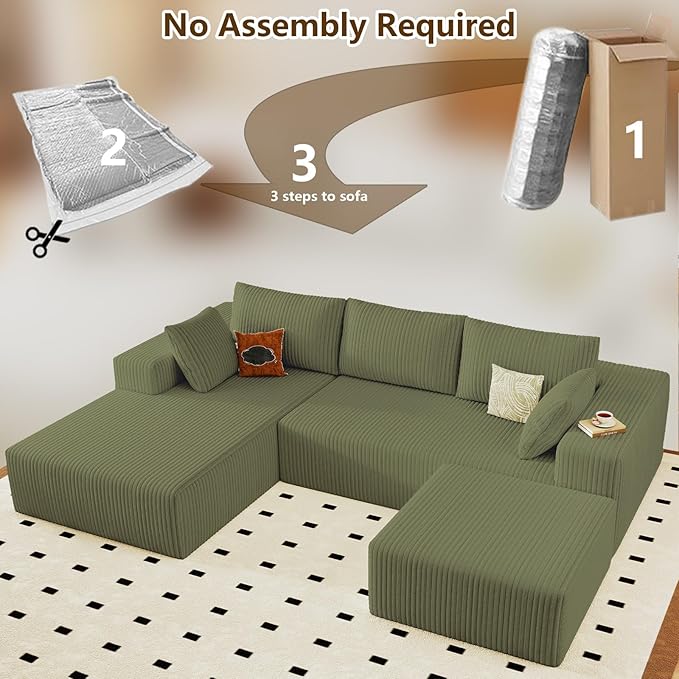 96" U-Shape Cloud Couch, Modern Modular Sectional L-Shape Sofa with Ottoman, Corduroy Upholstered Couches Deep Seat Sleeper Chaise Longue for Living Room, No Assembly Required(Green, Left Facing)