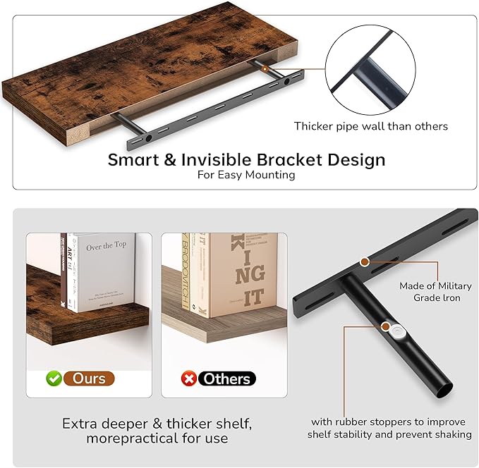 Fun Memories 24 Inch Floating Shelves - Deep Rustic Wooden Wall Shelves - Extra Deeper & Thicker Wall Mounted Storage Shelf for Bedroom, Kitchen, Farmhouse - 2 Pack, Rustic Brown