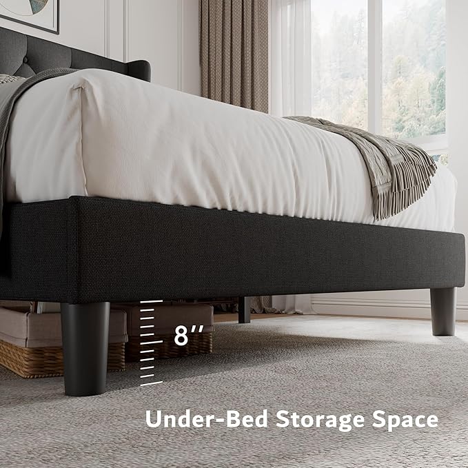 iPormis Queen Size Platform Bed Frame with Button Tufted Headboard, Upholstered Bed Frame with Solid Wooden Slats, 8" Underbed Space, No Box Spring Needed, Noise Free, Easy Assembly, Black