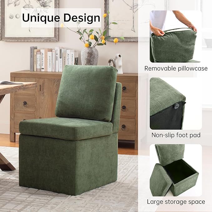 VKNOW Upholstered Dining Chairs Set of 4, Modern Kitchen Chairs with Storage, Linen Armchair Dining Room Chair for Kitchen Dining Room Office Bedroom, Green