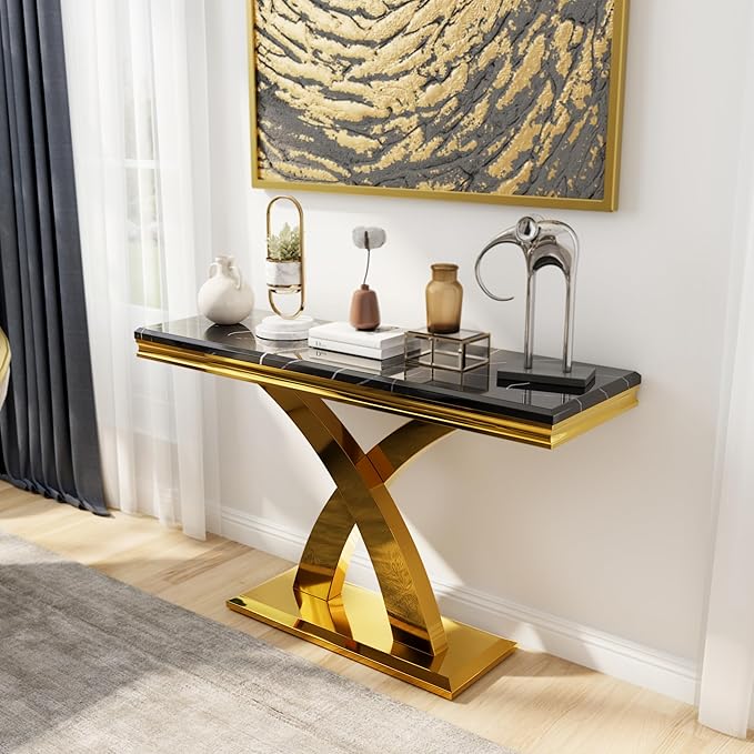 AUZ 2 Pieces Black Gold Living Room Table Set, Coffee Table and Console Table with X-Shape Design Polished Stainless Steel Frame