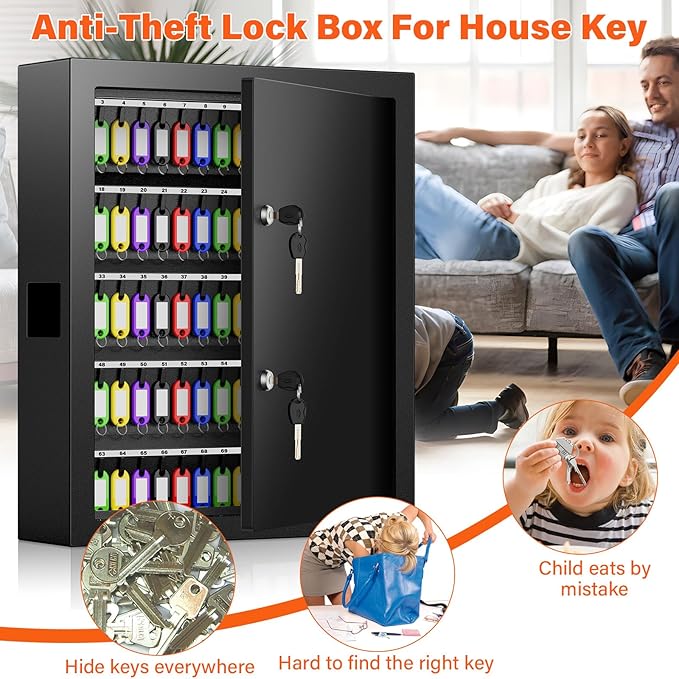 125 Keys Dual Lock Box Wall Mount, Anti-Theft Key Cabinet with Key Hooks & 125 Tags Key Labels, Steel Drop Slot Key Safe for Hotels & Office & Companies & Car Dealerships