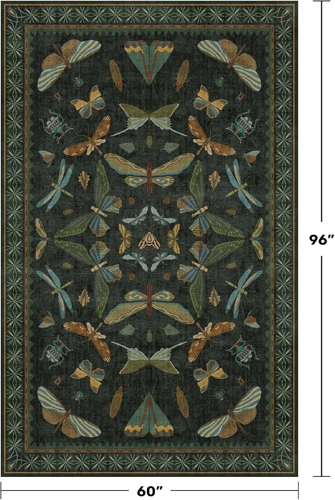 Black and Green Rug 5x8 for Living Room - Dark Moody Rugs for Dining Room Table, Playroom, Home Office, Insect Floral Moth Décor, Washable Non Skid Foldable